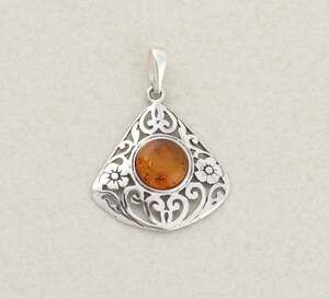Sterling Silver Amber Filigree Pendant 1 1/2" x 1 1/8" inch